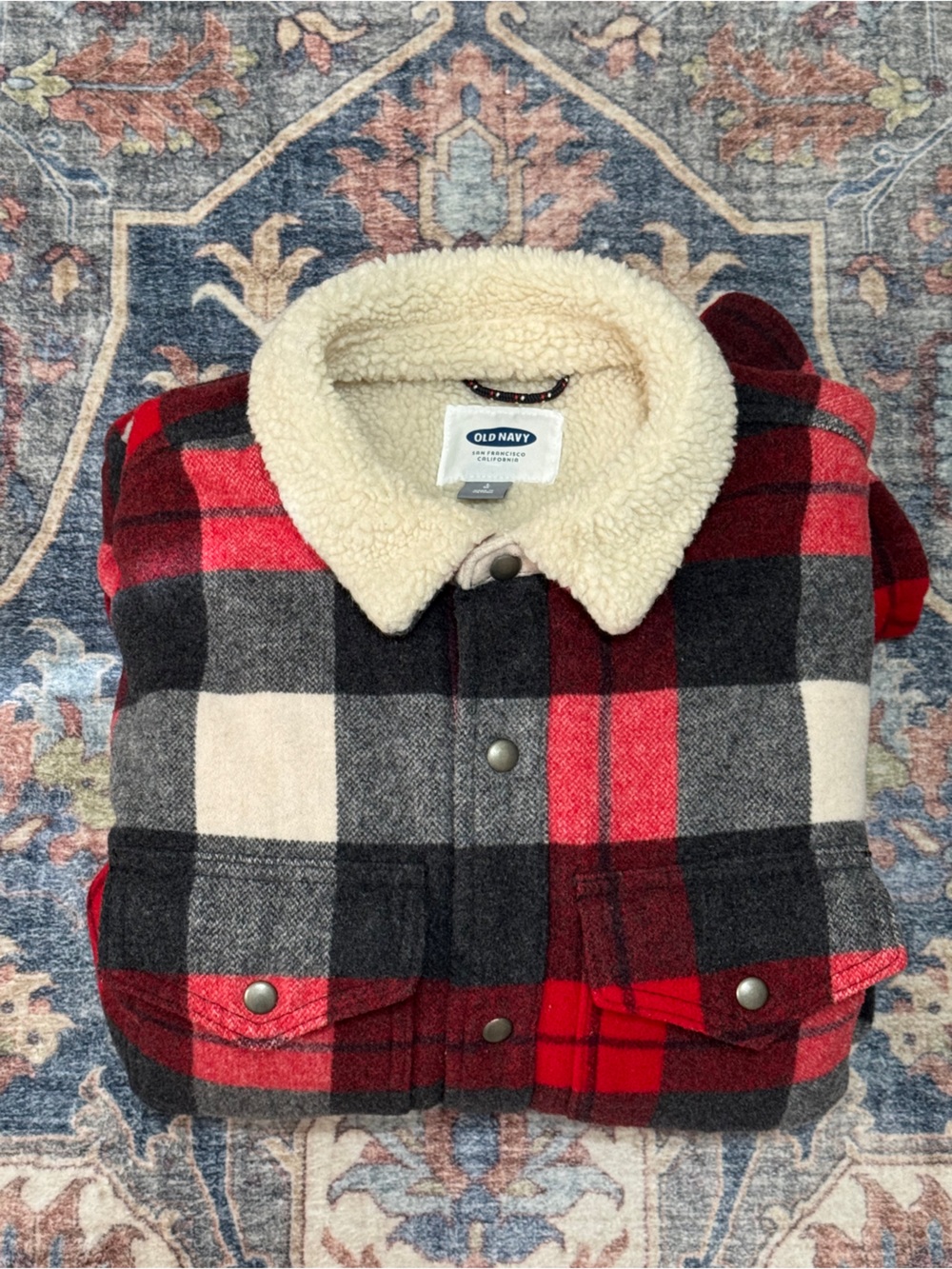 Old Navy Red, Black & Cream Plaid Sherpa-Lined Kids Jacket